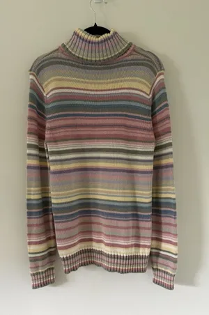 Vtg 90s Y2K Happy Stripe Izod Pastel Colorful Knit Turtleneck Sweater M thumbnail 1