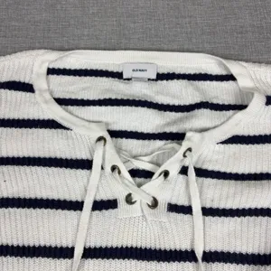 Old Navy Sweater Womens XL White‎ Striped Lace-Up Pullover Open-Knit Relaxed thumbnail 4