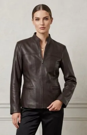 N.Y.D.A Leather Jacket Women Brown Soft Full Zip Modern Minimalist Moto Sz Large thumbnail 1