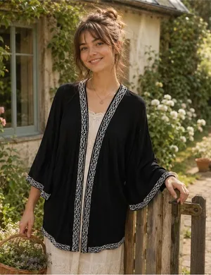 Anthropologie LEIFNOTES Twirled Trim Beaded Kimono Cardigan Sweater Black Small thumbnail 1