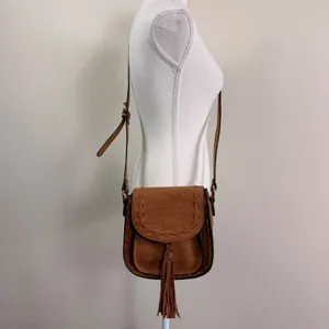 Mellow World Brown Vegan Leather Whipstitch Tassel Crossbody Saddle Bag thumbnail 2