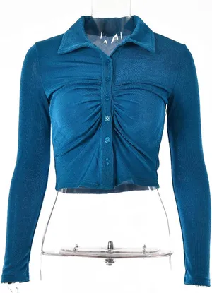 Women Button Down Ruched Long Sleeve Top Blue Size M thumbnail 4
