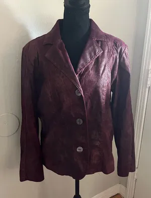 Vintage Erin London Women's Burgundy Button Up Textured Blazer Size L thumbnail 1