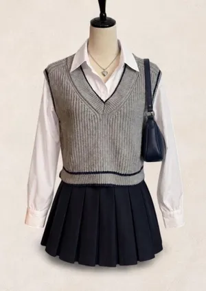 Abercrombie & Fitch Gray Navy Trim Cropped Ribbed V-Neck Sweater Vest Small thumbnail 1