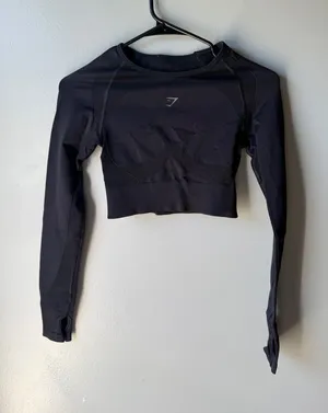 Gymshark Black Long Sleeve Crop Top Open Back Thumbholes XS thumbnail 1
