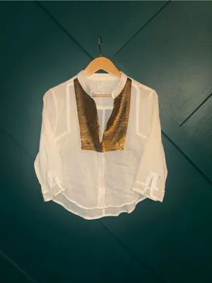 Romantic Boho Blouse Gold Embroidered Bib Front Top Cottagecore Peasant thumbnail 3