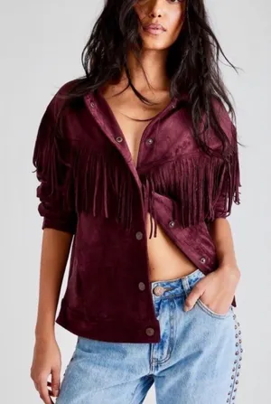 Free People Western Fringe Faux Suede Cosmic Karma Jacket In Wine Size Large thumbnail 1