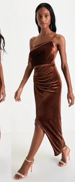 Lulus Brown Velvet Asymmetrical Tulip Midi Dress Womens XS EUC Sultry Romantic thumbnail 1