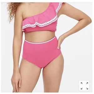 J.Crew NEW Pink Textured High Waisted Bikini Bottoms with Rickrack Trim Sz M thumbnail 1