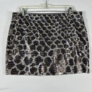 Express Womens Leopard Sequin‎ Mini Skirt Silver Blue Black Animal Print Large thumbnail 2