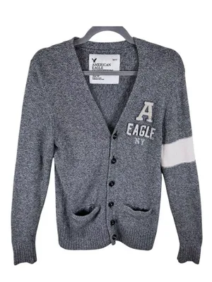 American Eagle Gray V-Neck Button Up Letterman‎ Sweater Wool Cotton Size XS thumbnail 1