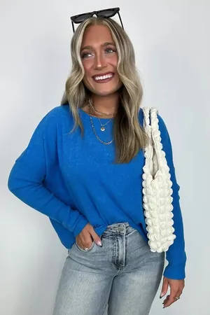 Zenana Cherilyn Ribbed Dolman Sleeve Top - Blue NEW thumbnail 1