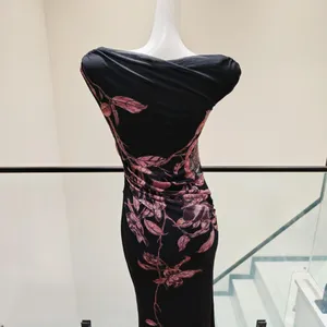 Women Black Floral Print Maxi Dress Off Shoulder Draped Neck Bead Detail Side Ruched Slim Bodycon thumbnail 4