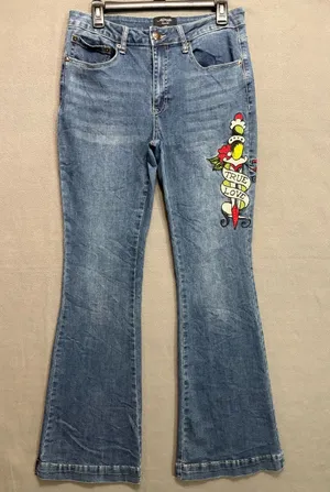 Ed Hardy Blue Flare Jeans with Colorful 'True Love' Embroidery 30 Y2K Grunge thumbnail 1