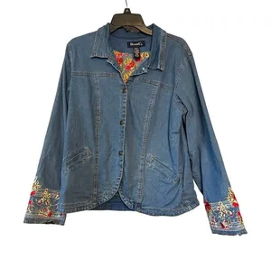 Denim & Co Embroidered Jean Jacket Blazer Floral Sleeves Floral Lining‎ Sz M thumbnail 1