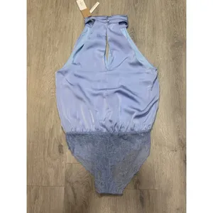 DO+BE Satin Mock Neck Bodysuit Women's S Lavender Keyhole Draped Lace NWT thumbnail 3