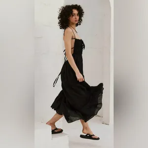 NEW Free People Taking Sides Tiered Cotton Maxi summer Dress Black sz XS thumbnail 2