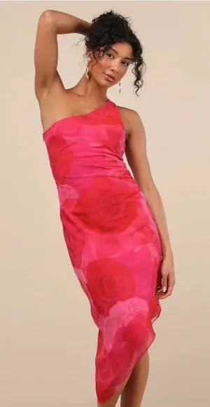Lulus Pretty Serene Pink Floral One-Shoulder Asymmetrical Midi Dress Size M thumbnail 1