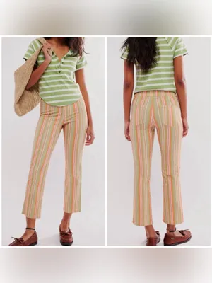 NWOT Free People In My Feelings Stripe Slim Flare Crop Pants - green combo - S thumbnail 2