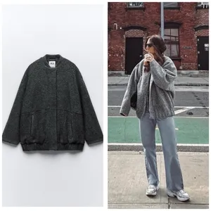 Zara Oversized Wool Blend Bomber Jacket Size Small Dark Gray 8372/313 Chic thumbnail 2