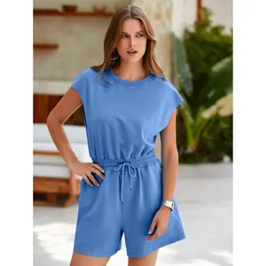 Womens Sz Small Casual Romper Light Blue Open Back Elastic Waist Tie Closure Cap thumbnail 2