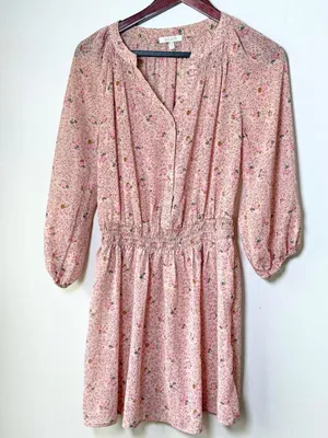 Pink Ditsy Floral Sheer Chiffon Smocked Dress XS Cottagecore Peasant Milkmaid thumbnail 1