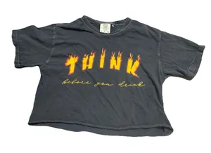 Think Before You Drink Graphic Crop T-Shirt Womens Size Small Black Flame Tee thumbnail 1
