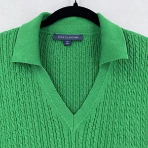 Tommy Hilfiger Women L Green Cable Knit Polo Sweater V Neck Preppy Quiet Luxury thumbnail 3