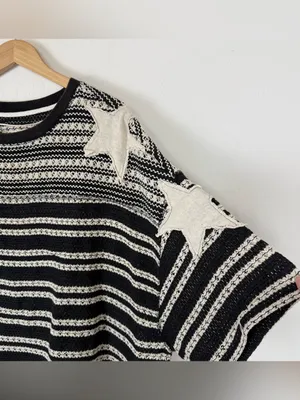 Free People We The Free Fun in the Sun Black & Cream Striped Star Knit Top thumbnail 8