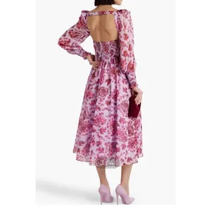 Badgley Mischka Floral‎ Chiffon Midi Dress Lavender Pink V-Neck Sz 2 Long Sleeve thumbnail 3