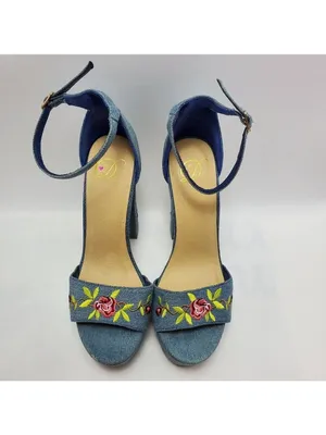 Heart in D Blue Denim Floral Embroidered Platform Heels Sandals Size 8 thumbnail 7
