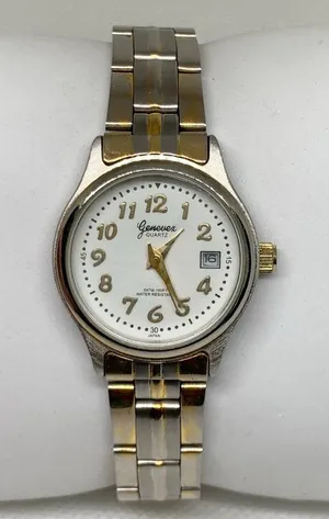 Genevex women date watch quartz gold silver tone 26mm round up to 7.5” running thumbnail 1