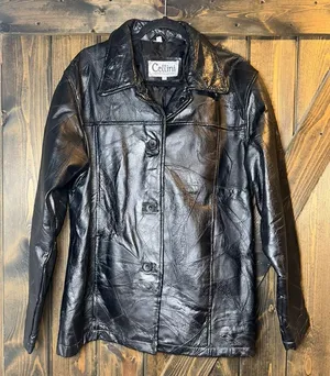 Cellini Leather Coat Stitch Mosaic Patch‎ Button Up Jacket Black Size 2X thumbnail 1