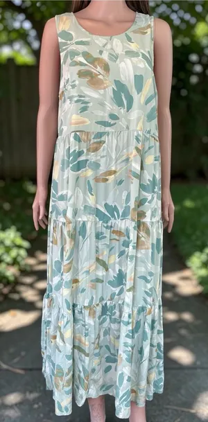 A New Day Sage Abstract Floral Tiered Maxi Dress Large 100% Rayon Boho thumbnail 1