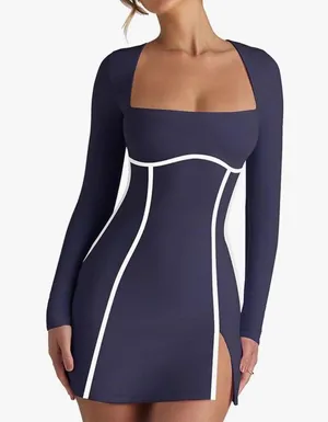 NEW Navy Blue Long Sleeve Square Neck Bodycon Side Slit Mini Dress M thumbnail 6