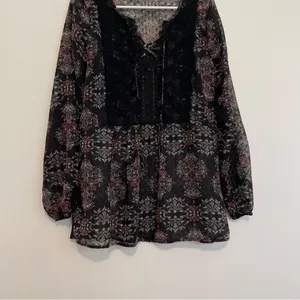MAURICES Black Geometric Swiss Dot Crochet Lace Up Long Sleeve Peasant Top Tunic thumbnail 3