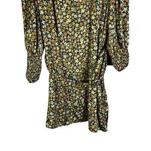 Zara Ditsy Floral Print Mini Dress Yellow Brown Boho Smocked Cuff Size M thumbnail 5