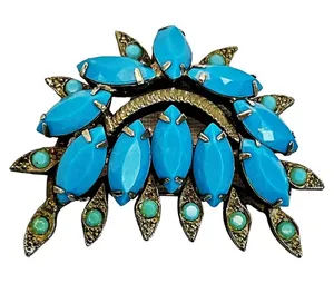 Vintage Turquoise Blue Glass Brooch Silver Tone Prong Set Petals Brooch Pin thumbnail 1