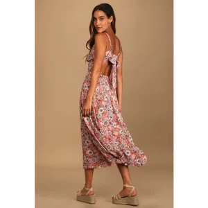 NWT Lulus Ties With You Rose Pink Floral Print Tie-Back Midi Dress Resort Sz XS thumbnail 3
