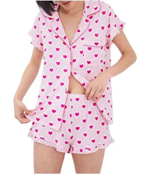 NWT Stripe And Stare and Stare Diamond Heart Frill 2-Piece Pajama Set Pink Red S thumbnail 1