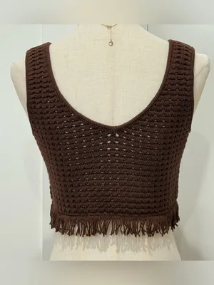 Reformation Lieta Open Knit Top Small Brown Crochet Festival Fringe Chic Fall thumbnail 5