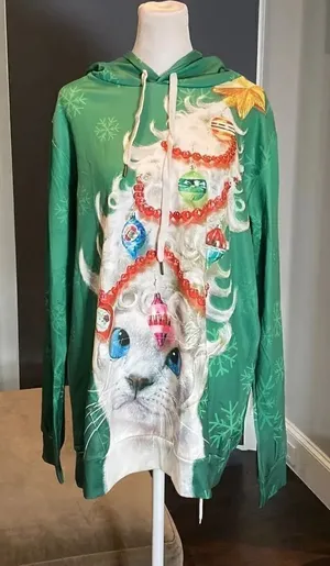 Adult Unisex Christmas Hoodie with Cat & Christmas Tree Size S/M NEW thumbnail 1