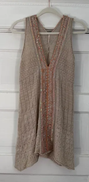 Free People Beaded Knit Mini Dress in Beige with Sequin Trim thumbnail 1