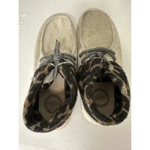 HeyDude Cream Black Cheetah Britt Foldable Cuff Shoes‎ Tie Lace Slip On Womens 7 thumbnail 4
