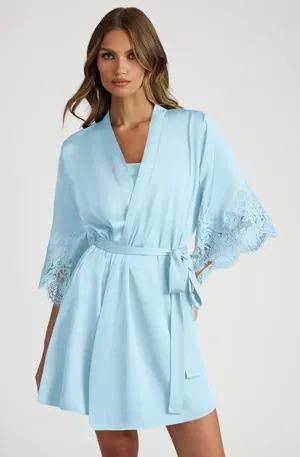 Azazie Light Blue Satin Lace Trim Pajama 3 piece set thumbnail 1