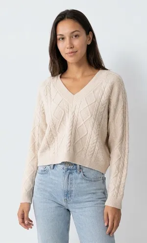 SHEIN Sweater Womens Size S Ivory Cable-Knit V-Neck Cropped Pullover thumbnail 1