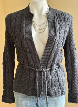 Willi Smith Gray Knit Cable Cardigan No Buttons with Belt 100% Cotton SZ S thumbnail 1