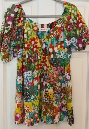 JAMS World Babydoll Top Sz S Hawaiian‎ Floral Elastic Neckline Flowy Oversized thumbnail 1