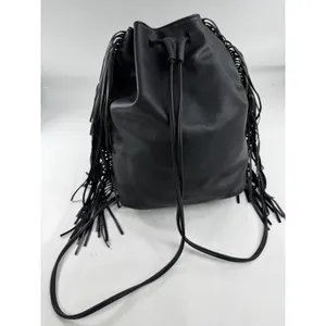 Victoria's Secret Black Pebbled Faux Leather Fringe Drawstring Bucket Bag Silver thumbnail 4