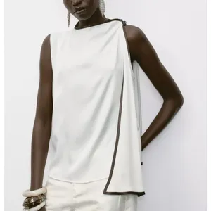Zara NWT white & brown asymmetrical bow tie knot ribbon shoulder detail thumbnail 4